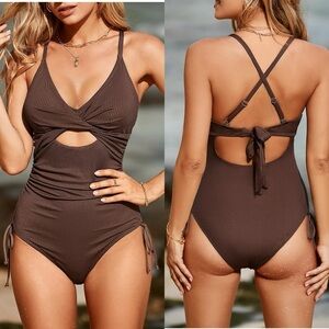 NWOT Ribbed One Piece Swimsuit Tummy Control High Cut Bathing Suit Sexy V Neck‎